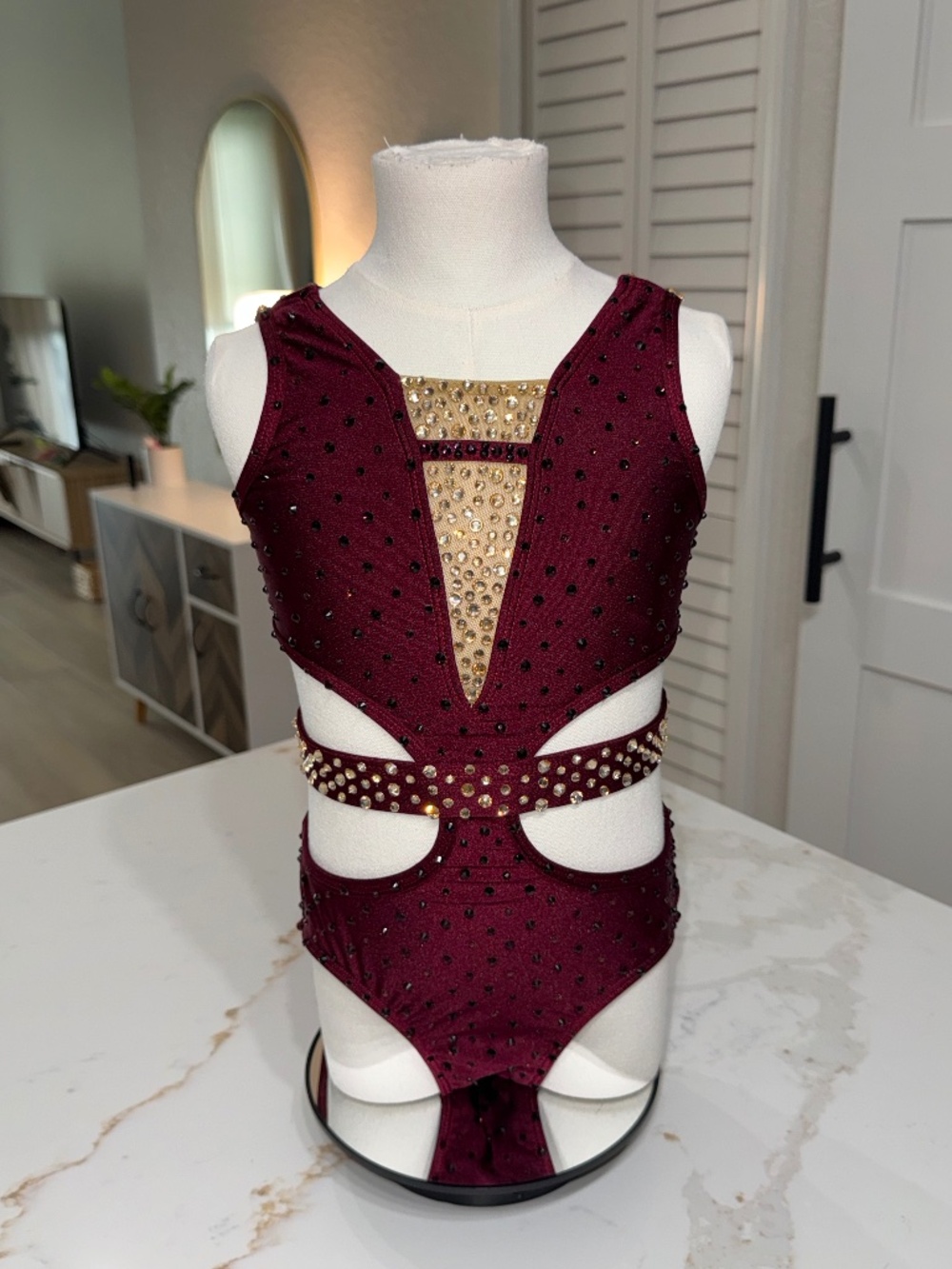 Burgundy and Gold Rhinestoned Dance Leotard with Belt - Ch S